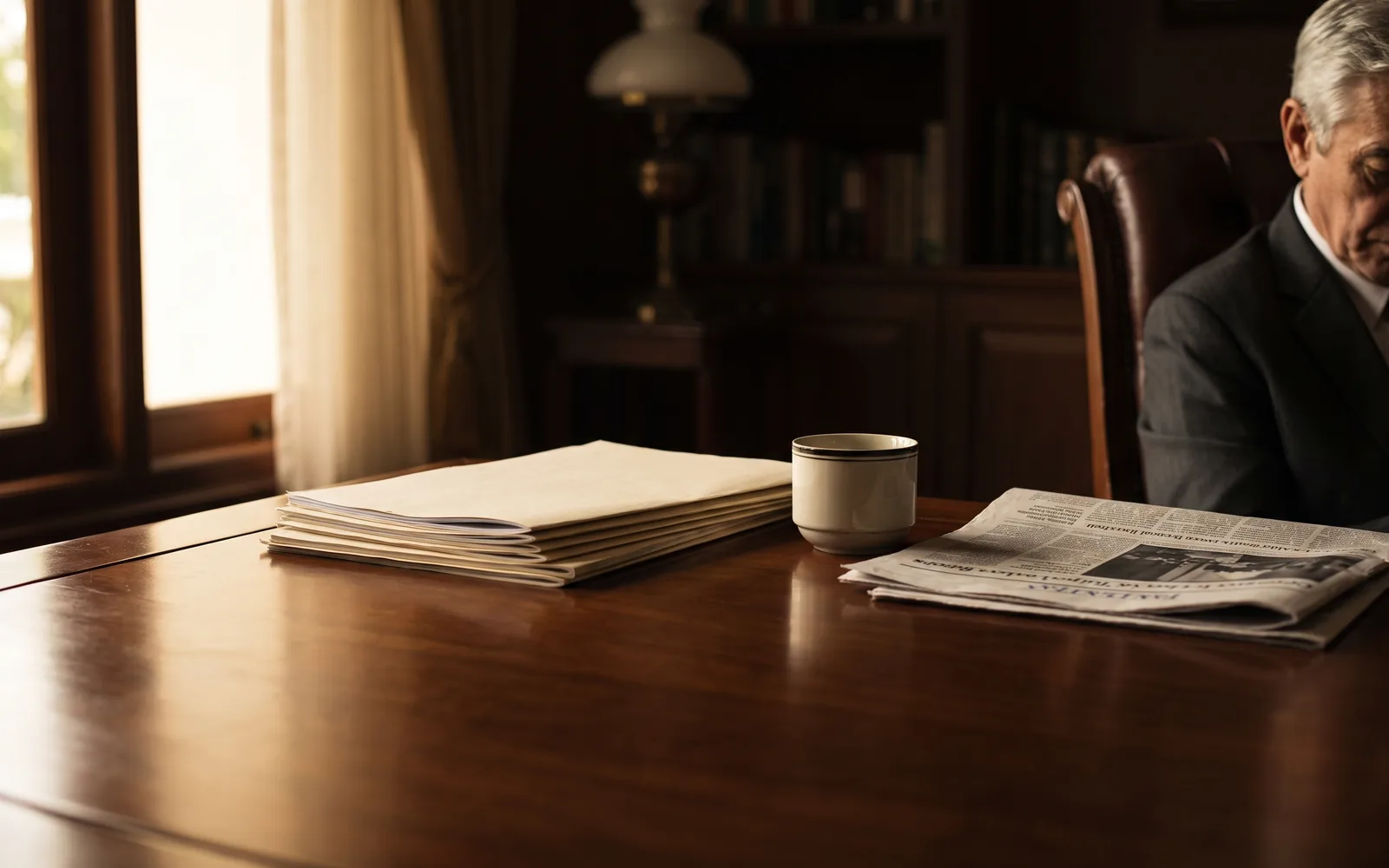 An editorial reading desk in a quiet Jakarta study, printed reports in considered light