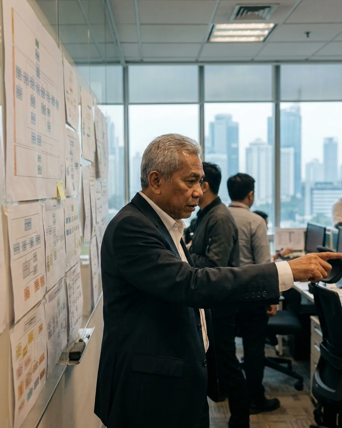 A senior COO reviewing the work in a calm Jakarta boardroom