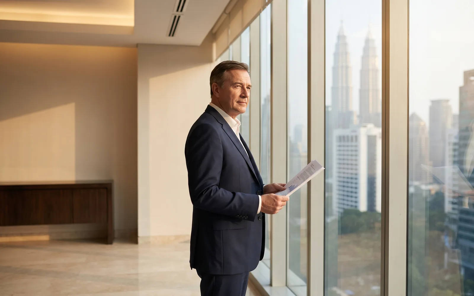 A senior executive looking out over the Jakarta skyline