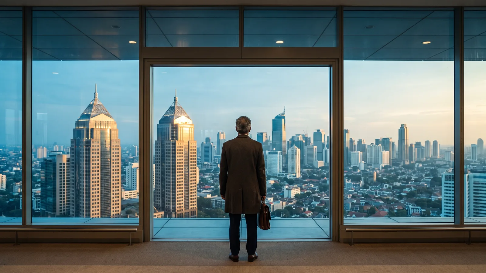 A composed senior executive walking through a bright business-district atrium in Jakarta