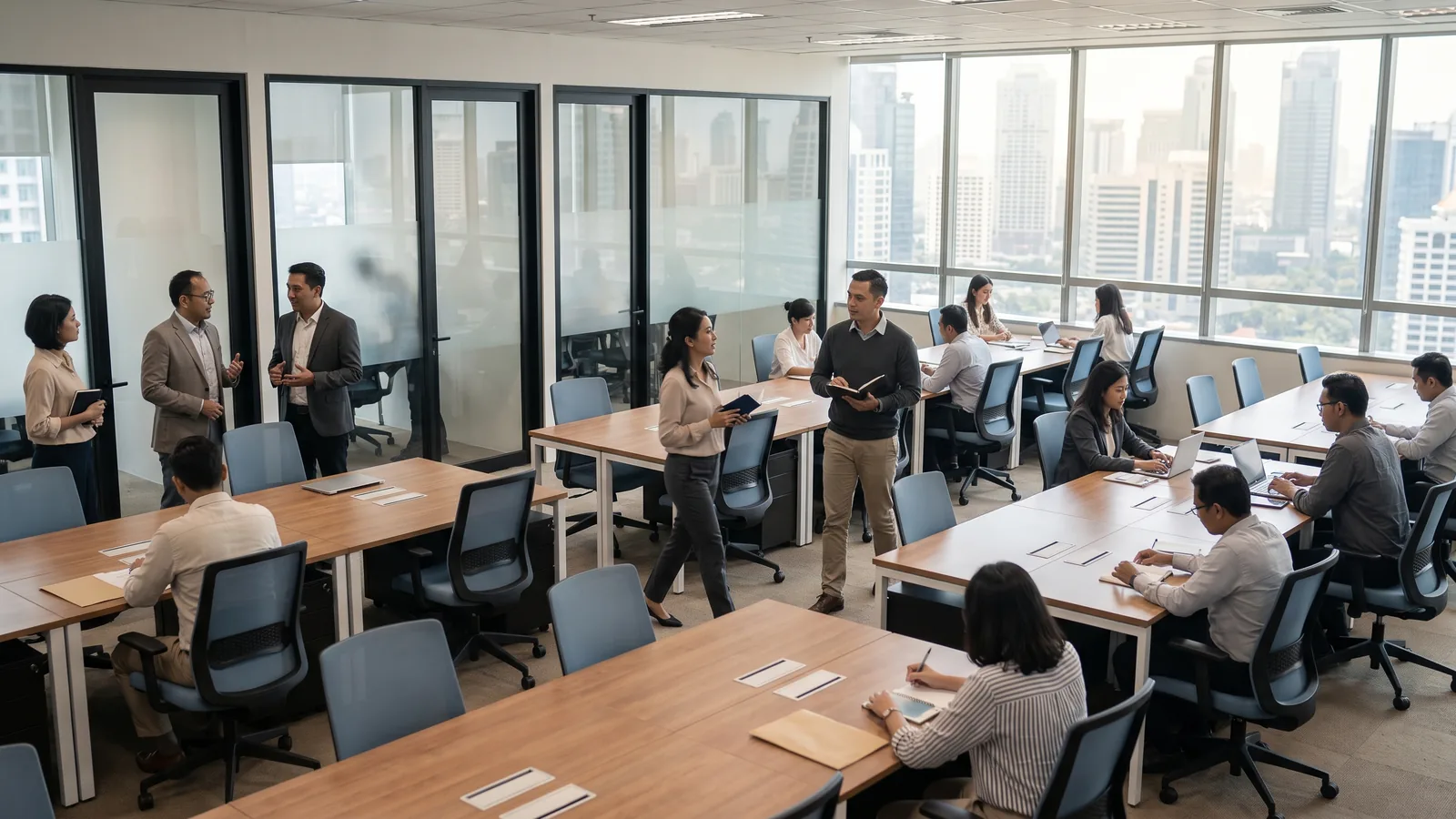 A senior executive with quiet authority in a modern boardroom in Jakarta
