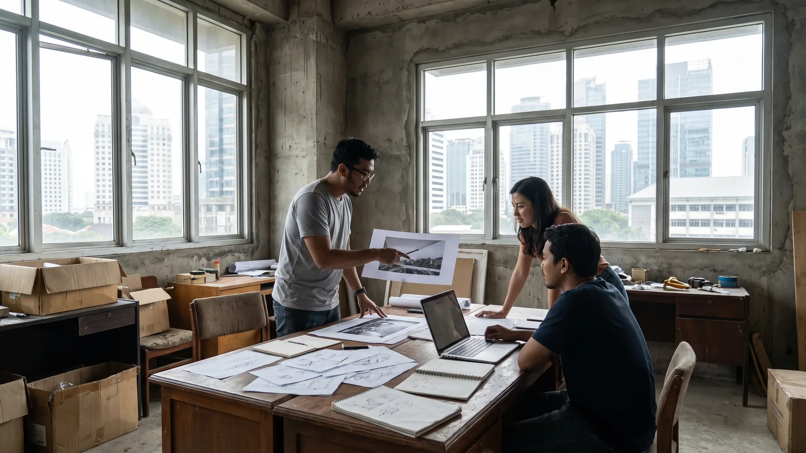 A founder and a senior executive reviewing work together in a bright workspace in Jakarta