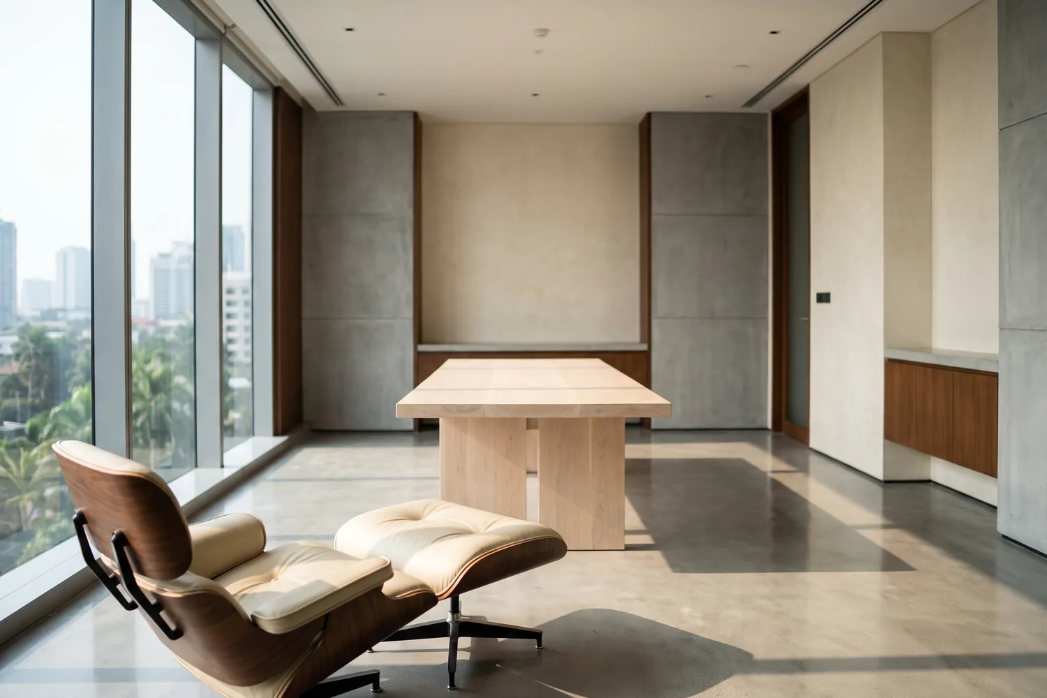 A calm, light-filled executive interior with a single chair and a long timber table