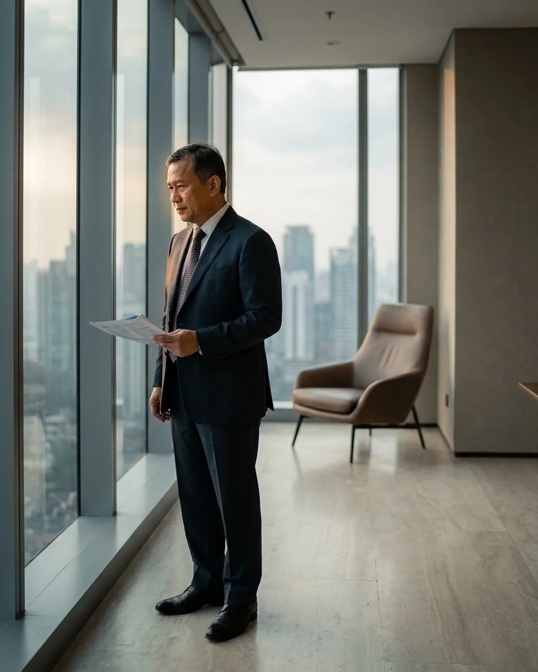 A senior executive standing composed by a window in a quiet office above the city